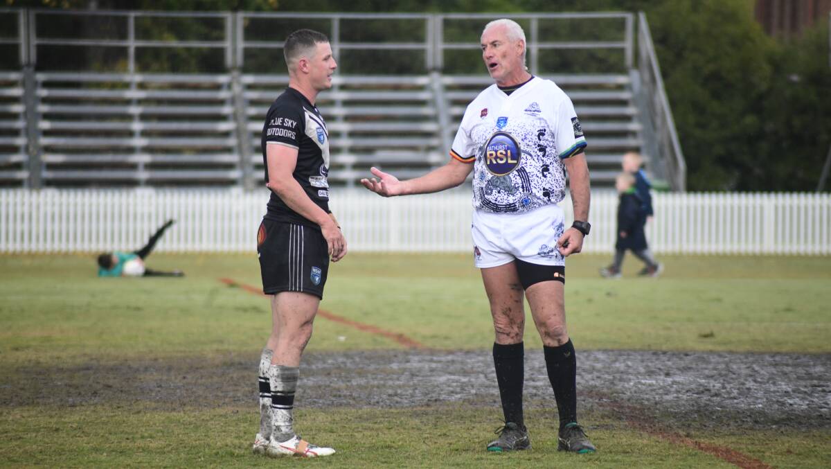 Forbes' Nick Greenhalgh speaks with the referee on Sunday at Wade Park. Picture by Jude Keogh