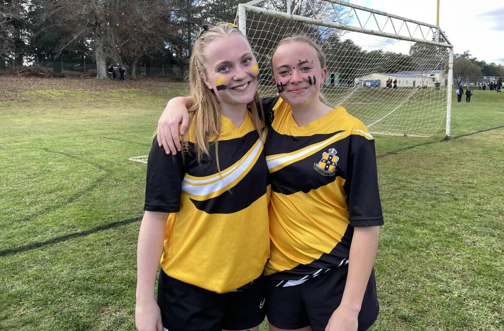 Lola Manson and Millie Peterson celebrate Orange High School's 4-1 win over Dubbo College in the 2023 Astley Cup. Picture by Dominic Unwin