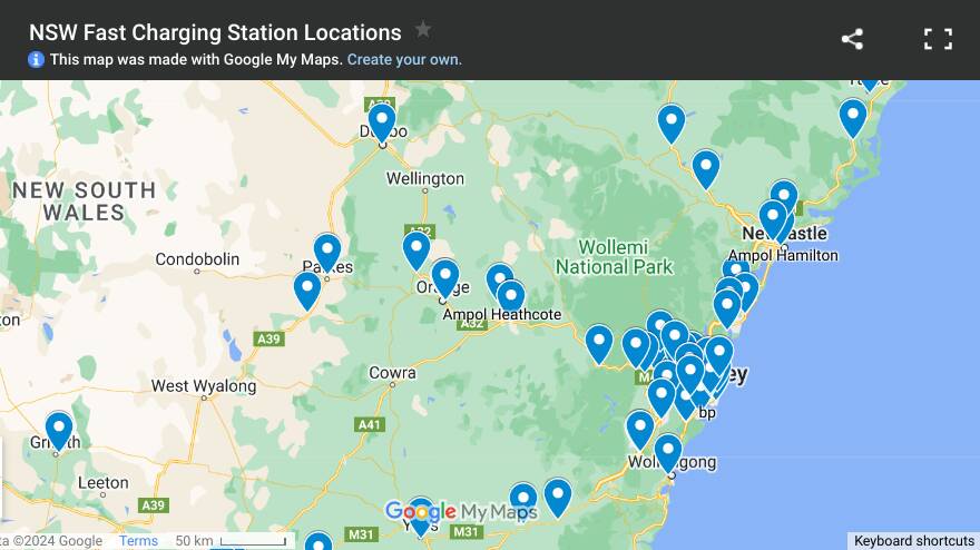 Locations of the seven current fast charging electric vehicle stations in the Central West. Picture by Google Maps.