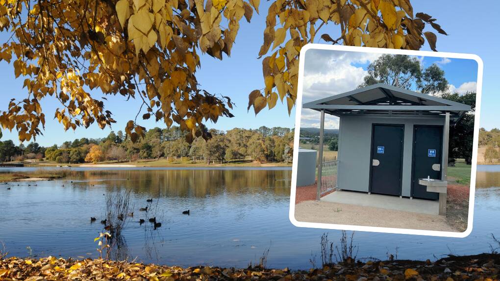 Two new toilet blocks, similar to the newly-installed amenities at Banjo Paterson Park pictured above, will soon be seen at Lake Canobolas. File picture and Crown Lands (inset).