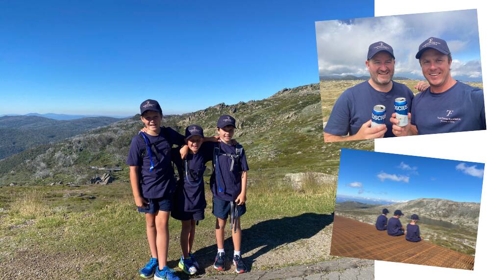 Finn Gibson, Ollie Finnane and Ted O'Hare in early 2022 on Mount Kosciuszko, with Geoff O'Hare and Liam Finnane enjoying a cold beer at the top. Pictures supplied.