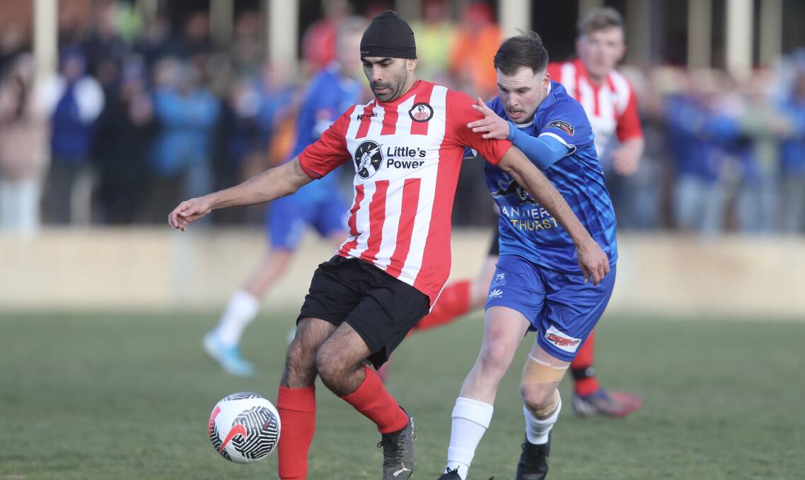 Carlos Castrillon on the ball for Barnstoneworth United in September's Western Premier League grand final against Bathurst 75. Picture by Phil Blatch
