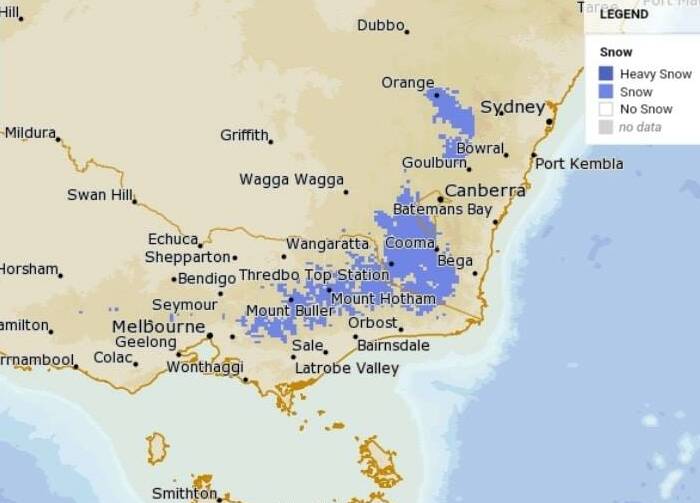 BIG AREA: Snow is predicted for NSW and Victoria on Sunday.