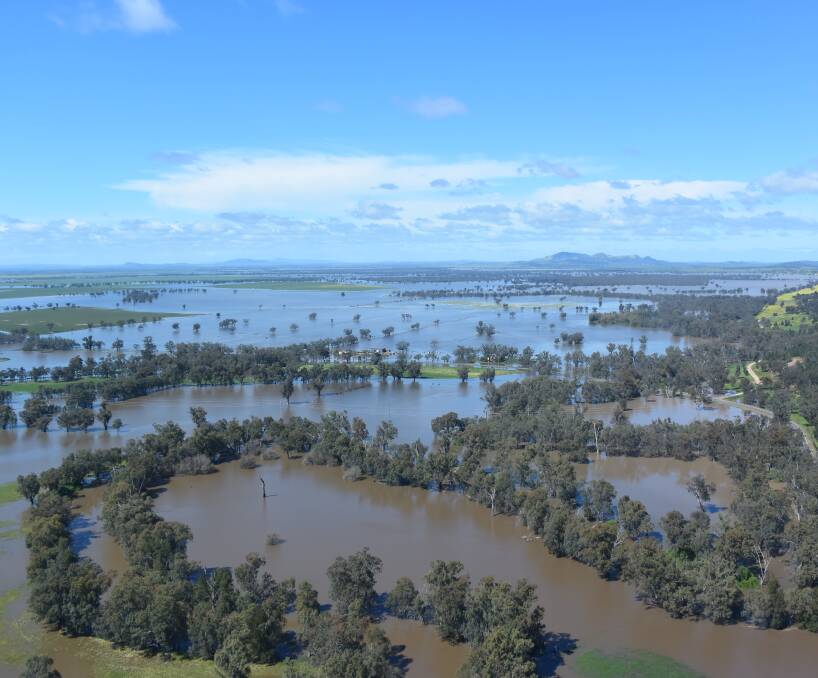 WATER WORLD: An aerial shot of the floodwaters around Forbes. NSW Minister for Roads, Maritime and Freight Duncan Gay says the effect on the region's roads will be dramatic. Photo: TONY RHEAD