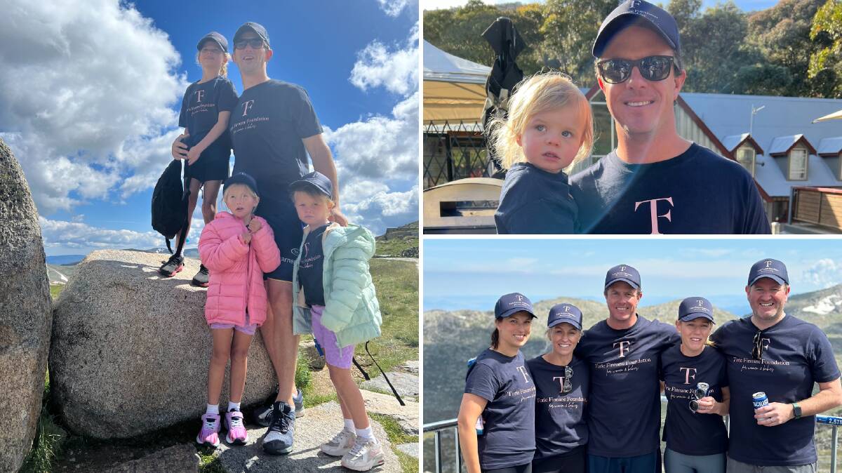 Clockwise: Tim Davidson and his three daughters near the top in 2023, Liam Finnane and daughter Maisie before the walk last year, the TFF board members and committee at the top of Oz. Pictures are supplied.