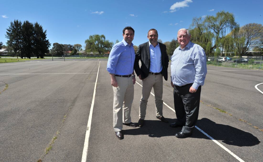 FRESH USE: NSW Minister for Sports Stuart Ayres, Nationals candidate for Orange Scott Barrett and Orange mayor John Davis at Moulder Park. Photo: JUDE KEOGH