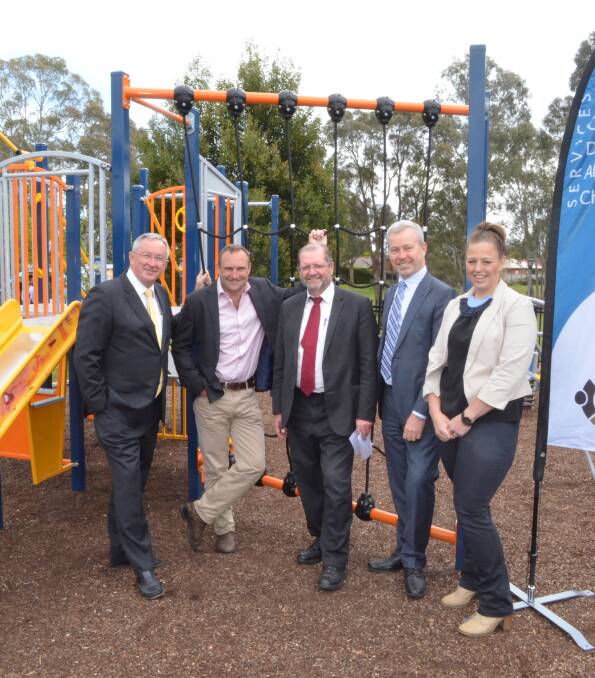 FULLY EQUIPPED: Social Services Minister Brad Hazzard, Nationals candidate Scott Barrett and CareWest's George Blackwell, Marc Bonney and Alicia Price.