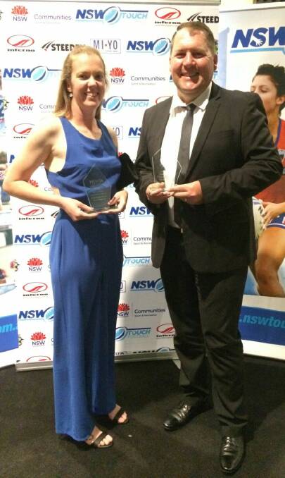 WINNERS SPOILS: Tracee Livingstone and Joel Begnell with their NSW Blues Awards at the Bankstown Sports Club on Saturday night.