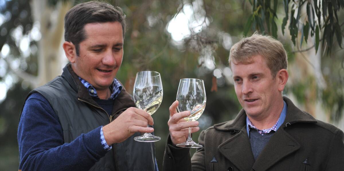 WINE TIME: Swinging Bridge Wines owner and NSW Wine Industry Association president Tom Ward examines a drop with Wine Australia senior analyst Mark Rowley. Photo: JUDE KEOGH 0531jkwine1