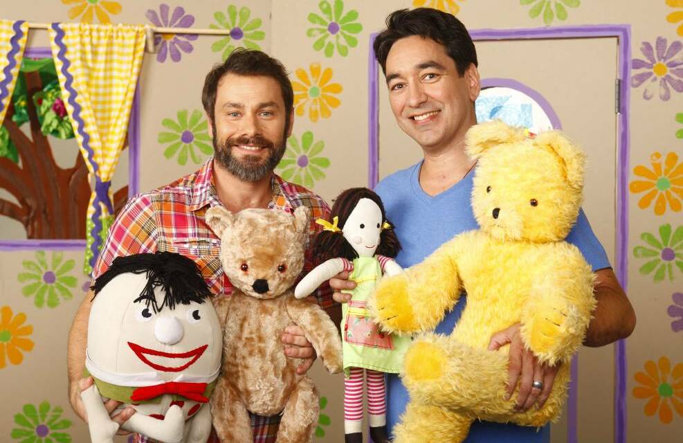ON SHOW: Play School's Alex Papps and Teo Gebert with Humpty Dumpty, Little Ted, Jemima and Big Ted. Photo: Supplied