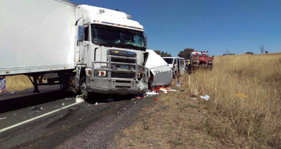 CRASH SITE: A semi-trailer and three cars were involved in the Mitchell Highway collision. Photo: NSW Police Facebook