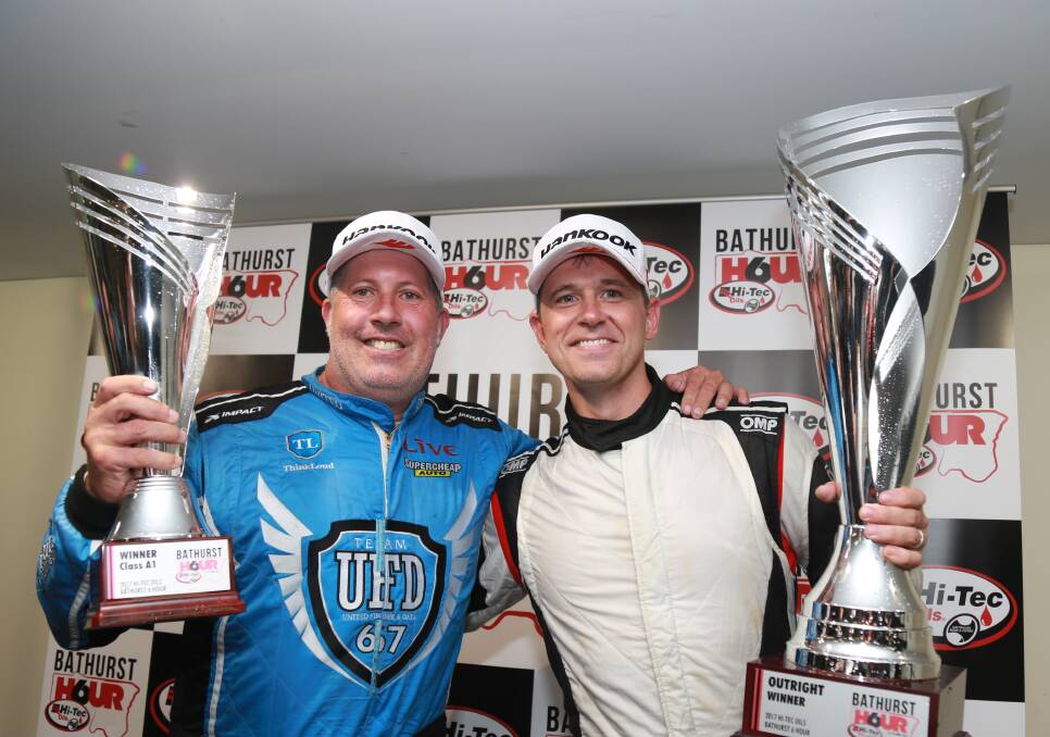 EMOTIONAL VICTORY: Paul Morris and Luke Searle were delighted to win Sunday's Bathurst 6 Hour. Photo: PHIL BLATCH