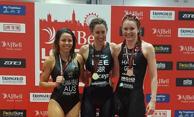 TOP EFFORT: Tamsyn Moana-Veale (left) earned a podium at the AJ Bell London Triathlon on Sunday. It is the world's largest triathlon.