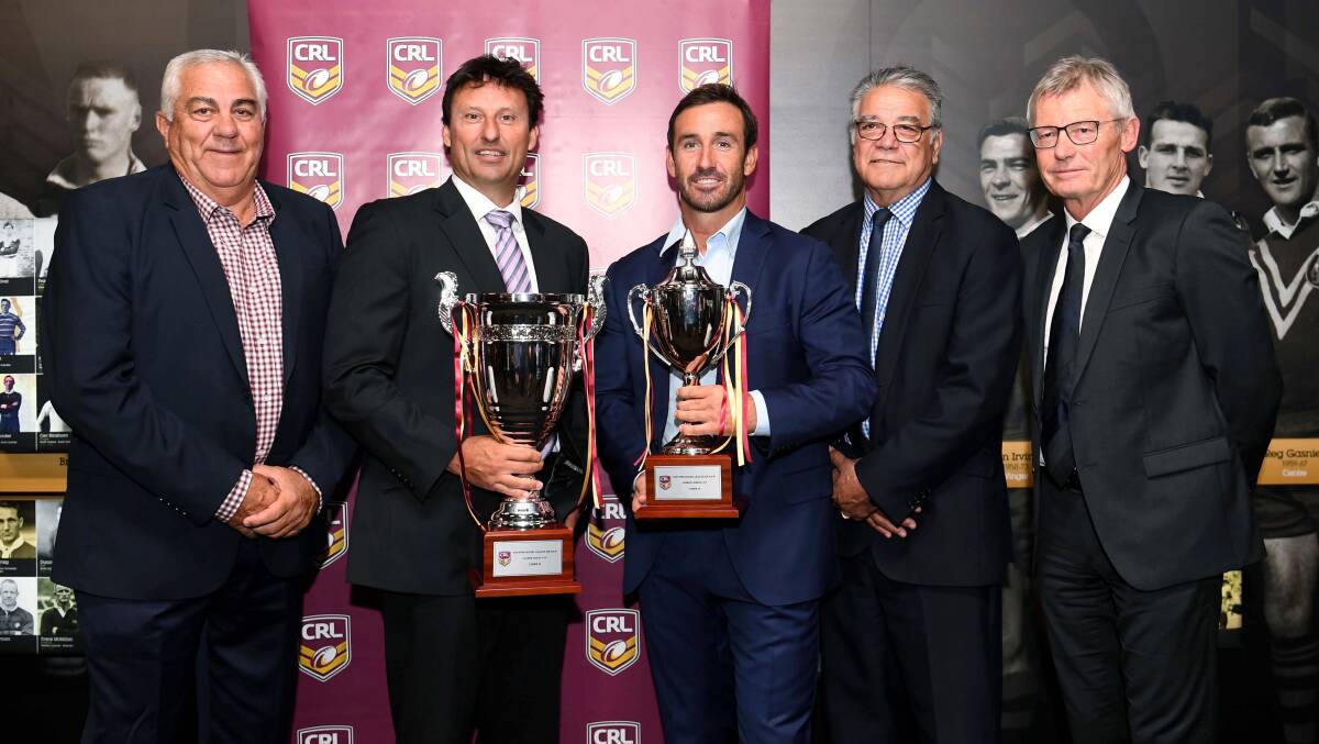 NEW PRIZES: From left, John Anderson, Laurie Daley, Andrew Johns, Terry Quinn and Brian Canavan. Photo: CRL