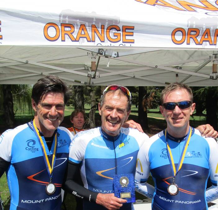 ALL SMILES: Going one-two-three in the Western NSW Road Cycling Championships time trial was (from left) Richard Hobson (Second) Mark Windsor (first) and Geoff Short (third). Photo: CONTRIBUTED