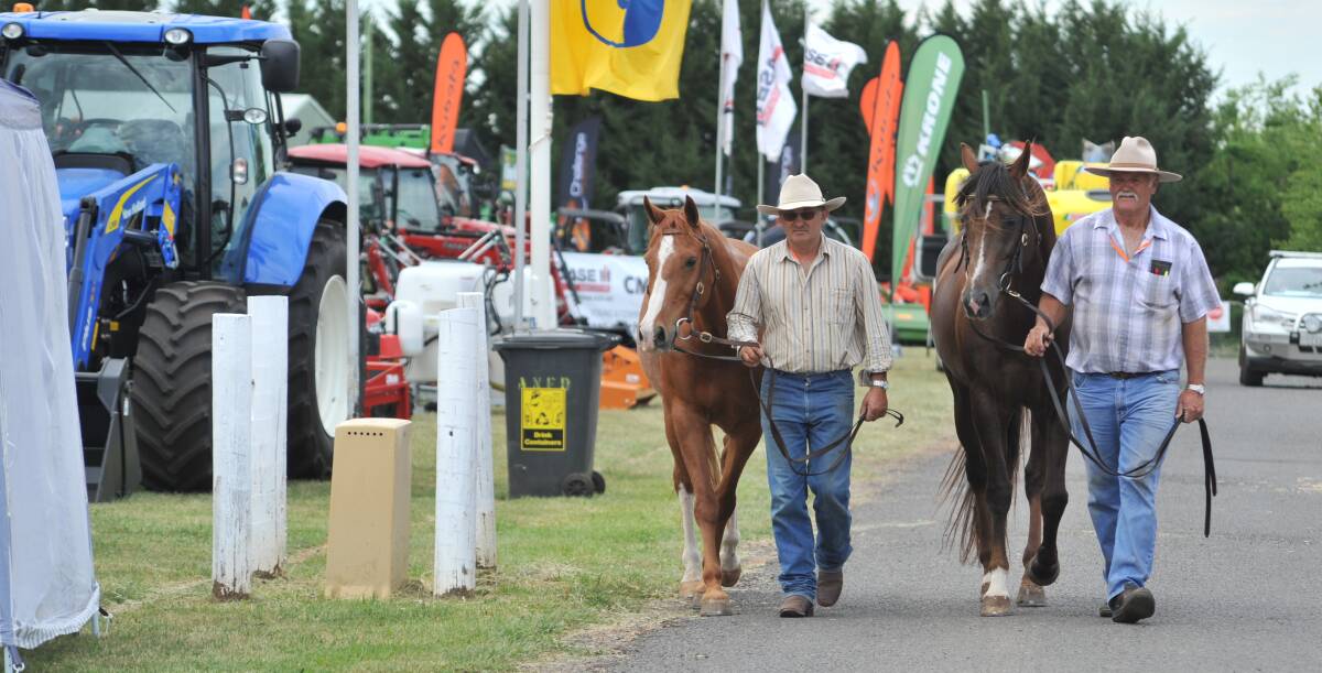 READY TO RIDE: Rob Sharp and Bruce Moxley with stock horses Rainwood BBC and Rainwood Park Gun For Hire at the Australian National Field Days site. Photos: JUDE KEOGH