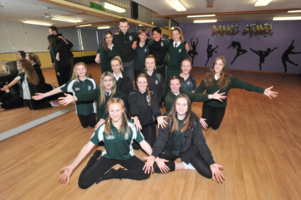 TALENTED: Some of the dance and choir students from Canobolas Rural Technology High School who will perform in the Schools Spectacular. Front, Brynn Thomas and Tyler Dent; second row, Brianna Wells, Becky Gibson and Sophie Lamers; third row, Skye Dent, Maddison Alexander, Chloe White, Shayleigh Wilkins and Bridgette Featon; back, Isabelle Kent, Ryan Canavan, Jace Bishop, Blair Bella and Lilly Mitchell. Photo: JUDE KEOGH