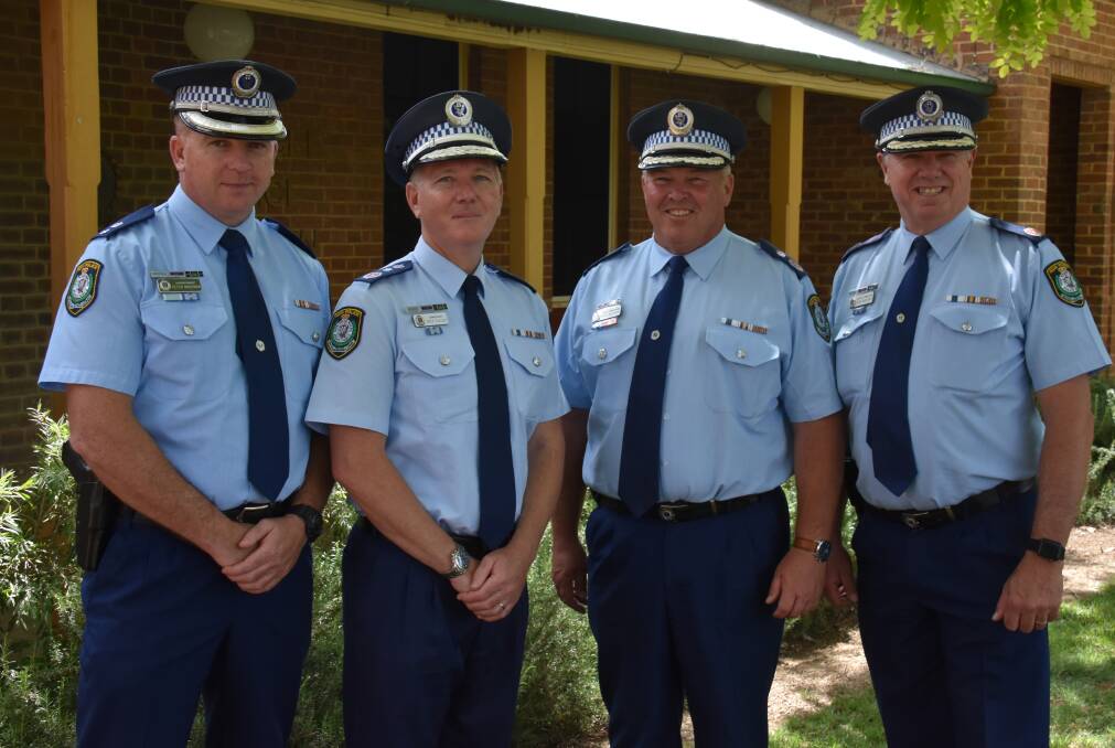 RESTRUCTURE: Superintendent Peter McKenna, Police Commissioner Mick Fuller, Deputy Commissioner Gary Worboys and Western Region Commander and Assistant Commissioner Geoff McKechnie at the announcement in Mudgee on Thursday. Photo: MARK RAYNER 