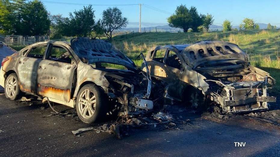 The two stolen cars were found burnt out on Lone Pine Avenue. Picture: Top Notch Video
