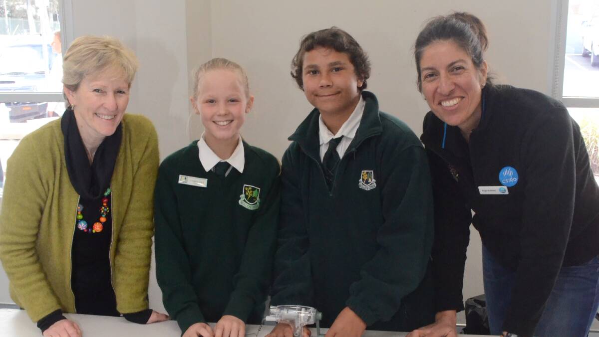 YOUNG SCIENTISTS: Mullion Creek Public School science teacher Sharon Cloete, students Tyrna Pavy, James Magick and the CSIRO's Ange Andrews.