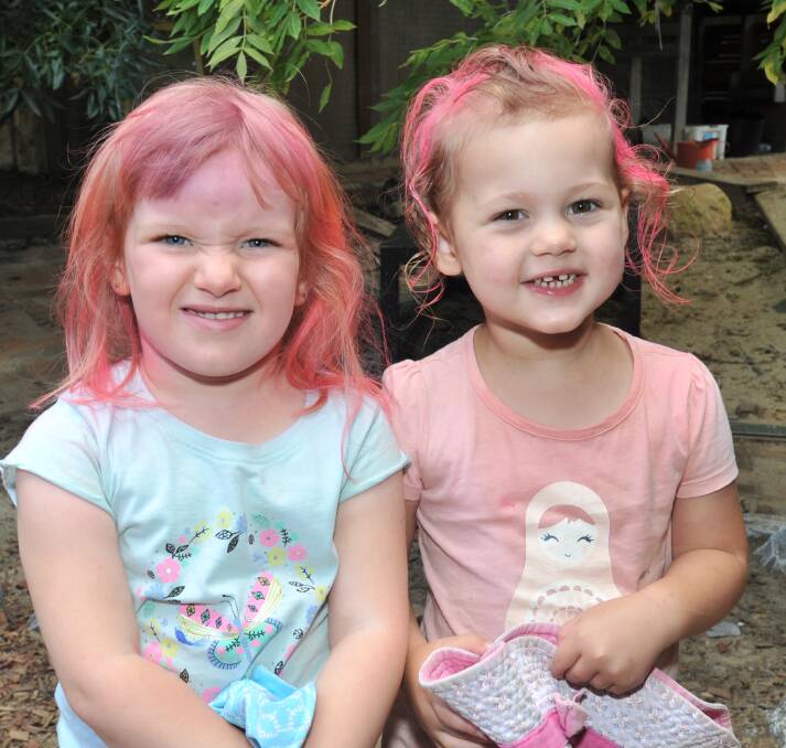 THINK PINK: Reagan Sullivan and Emily Curry put bright pink colour in their hair to support the cause. 0316jkhair3