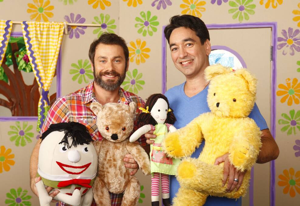 BIG SHOW: Teo Gebert and Alex Papps are touring Australia with Humpty Dumpty, Little Ted, Jemima and Big Ted. The crew will visit Orange in July. Photo: SUPPLIED