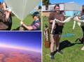 Nyngan High School science students Megan Richards (brown jumper) and Grace Williams (navy shirt) with Hunter School of the Performing Arts student Nolan Sobel-Read (hat) launching the weather balloon at Nyngan High School. Pictures supplied