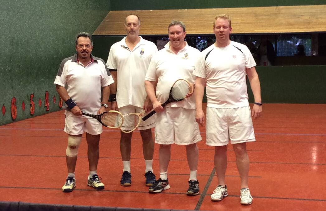 THE CHAMPION: New Ex-Services member Chris Doucas (left), with his teammates on the Real Tennis courts of Melbourne. He's proven very motivated, and is gunning for a Real Tennis program here. Photo: CONTRIBUTED