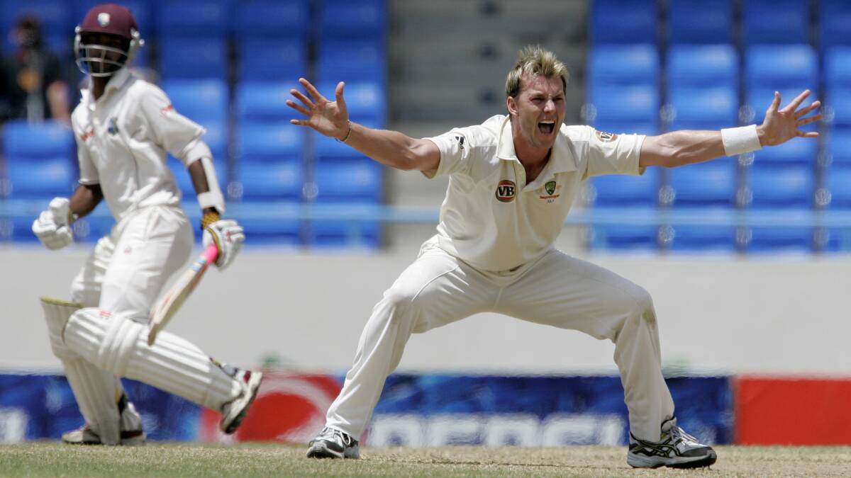 HOWZAT!?: Australian legend Brett Lee appeals for the wicket of West Indies wicketkeeper-bat Denesh Ramdin in 2008. Lee will land in Orange on Wednesday afternoon. Photo: AAP/ANDRES LEIGHTON
