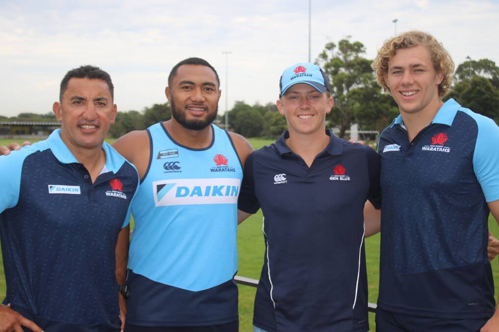 COURAGE: Fletcher Wright, flanked by Waratahs coach Daryl Gibson and stars Sekope Kepu and Ned Hanigan, is on the road to recovery. Photo: NSW WARATAHS MEDIA