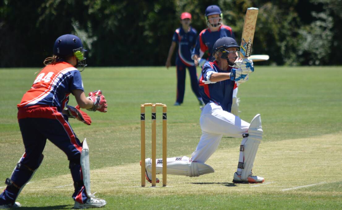 SO CLOSE: Phoebe Litchfield smashes one away on Monday. She was on 97 at this point, and snuck a two from this pull shot to move to 99. The throw from the boundary was a direct hit though, sending a scare through the Western camp. Photo: MATTHEW FINDLAY