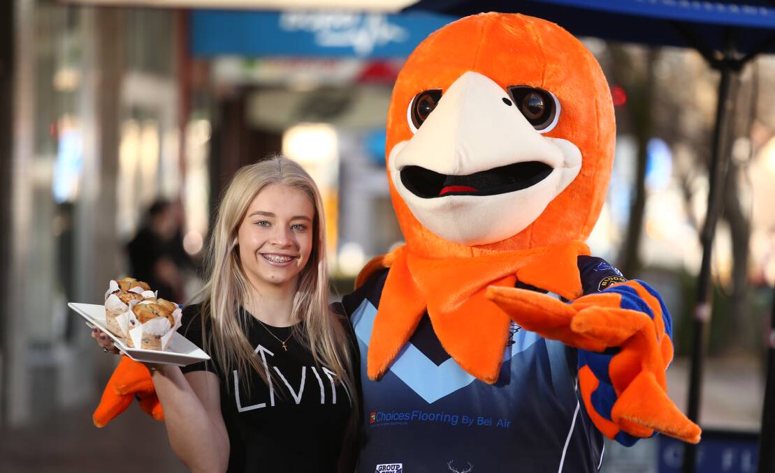 IT AINT WEAK TO SPEAK: Tori Writer and Harry the Hawk are imploring people to get behind the club's fundraiser at next weekend's Group 10 local derby at Wade Park. Photo: PHIL BLATCH 0721pbhawk5
