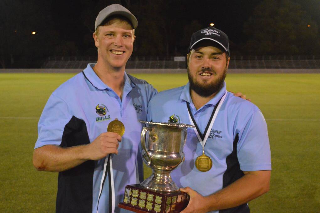 THE REAL MVPS: Centennials hard-hitters Ryan Gurney and Mick Curtale show off their spoils from the 2017-18 Royal Hotel Cup - the trophy, and the Carl Sharpe Medal. Photo: MATT FINDLAY