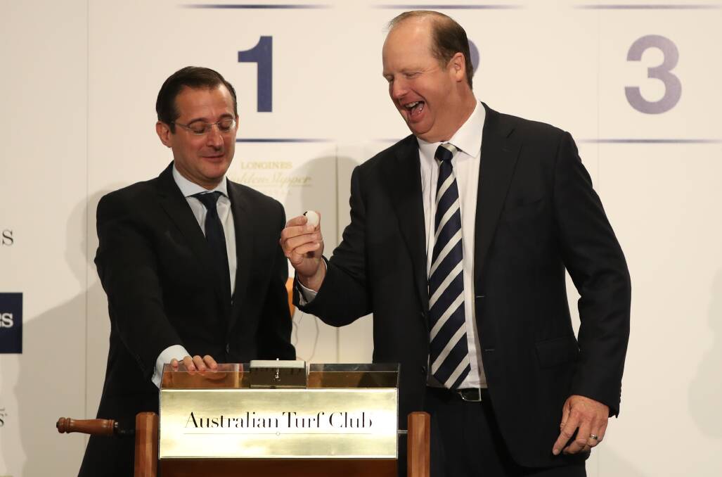 LOCAL CHANCE: Former Orange trainer Gary Portelli (right), pictured at the Golden Slipper barrier draw, has two runners in the $3.5 million race. One is part-owned by a syndicate from Orange. Photo: GETTY IMAGES