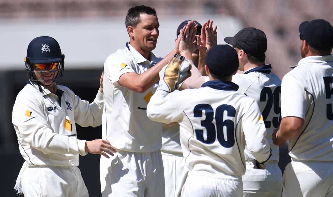 IN FORM: Chris Tremain celebrates a wicket with his Victorian teammates. The Bushrangers were given plenty of help avoiding a fourth straight defeat. Photo: JULIAN SMITH