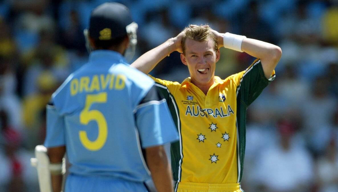A BINGA ZINGER: Brett Lee stares down Rahul Dravid during Australia's 2003 World Cup win, he finished the second-leading wicket-taker in the tournament. Photo: AAP