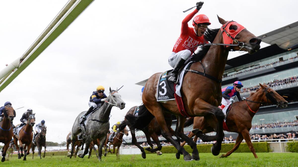 GET ON RED: Kerrin McEvoy celebrates after piloting Redzel to a win in the Everest, he's hoping he'll have this feeling again in Saturday's Darley Classic. Photo: AAP/DAVID MOIR