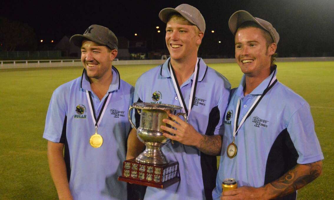 BACK-TO-BACK: After winning last summer's Royal Hotel Cup with Lithgow, Chris Redding, Ryan Gurney and Dallas Tilley celebrate this season's win with new club Centennials. Photo: MATT FINDLAY