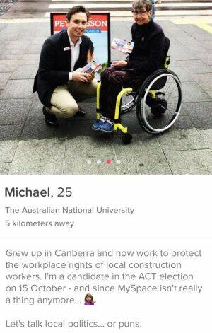 Screenshot of Michael Pettersson's Tinder profile, a candidate at the ACT election using the dating app to appeal to young voters. Photo: Supplied 