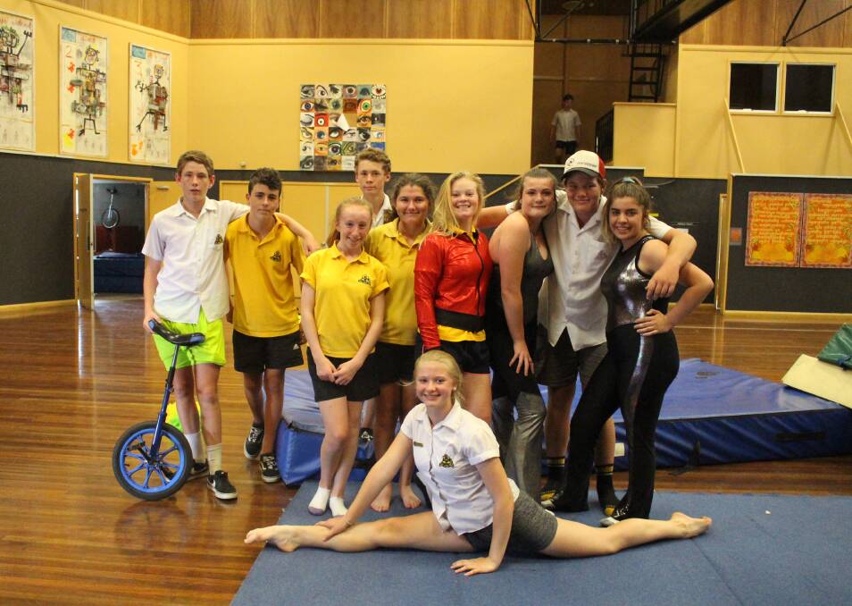 ROLL UP, ROLL UP: Preston Parker, Jackson Hargraves, Victoria Smith, Jayden Perry, Paige Baker, Isla Carter, Georgie Ostini, Nick Honeyman, Georgia Campbell and (front) Paris Robinson. Photo: MAX STAINKAMPH 1130MScircus1