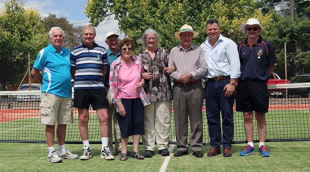 ON THE TURF: Ex-Services’ director Terry Flood, Roy Roweth, Ian Manchester, Thelma Roweth, Pam Manchester, Ray Manchester, State Member for Orange Phil Donato, Ex-Services’ president Brett Campbell. Photo: SUPPLIED. 