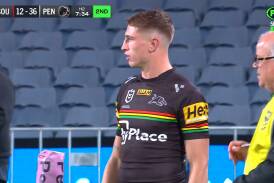 Jack Cole preparing to come on for his second career NRL game. Picture by Fox Sports/Kayo