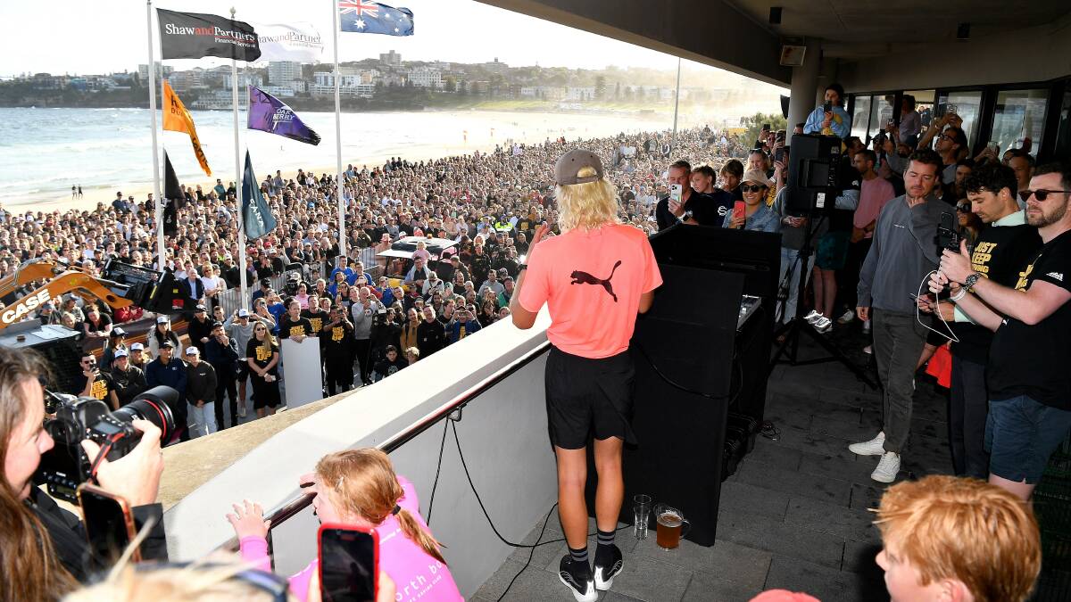 Nedd Brockmann addresses the Bondi Beach crowd. Picture supplied