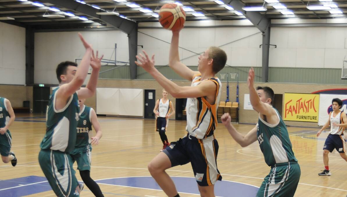 CLUTCH: Orange's Kobe Mansell goes up in the Bathurst Goldminers' loss to the Newcastle Hunters on Sunday afternoon. Photo: CHRIS SEABROOK