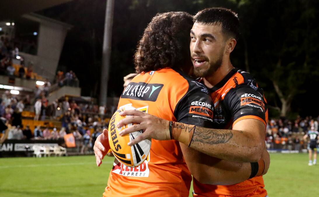 Charlie Staines celebrates after the Wests Tigers win over Cronulla in round three of the 2024 NRL season. Picture by Jeremy Ng/Getty Images