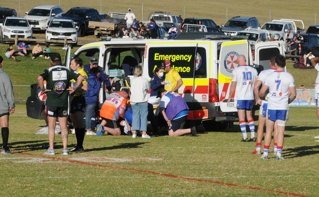 There was a lengthy delay after Jake Dooley suffered a severe leg injury. Picture by Nick Gurthrie
