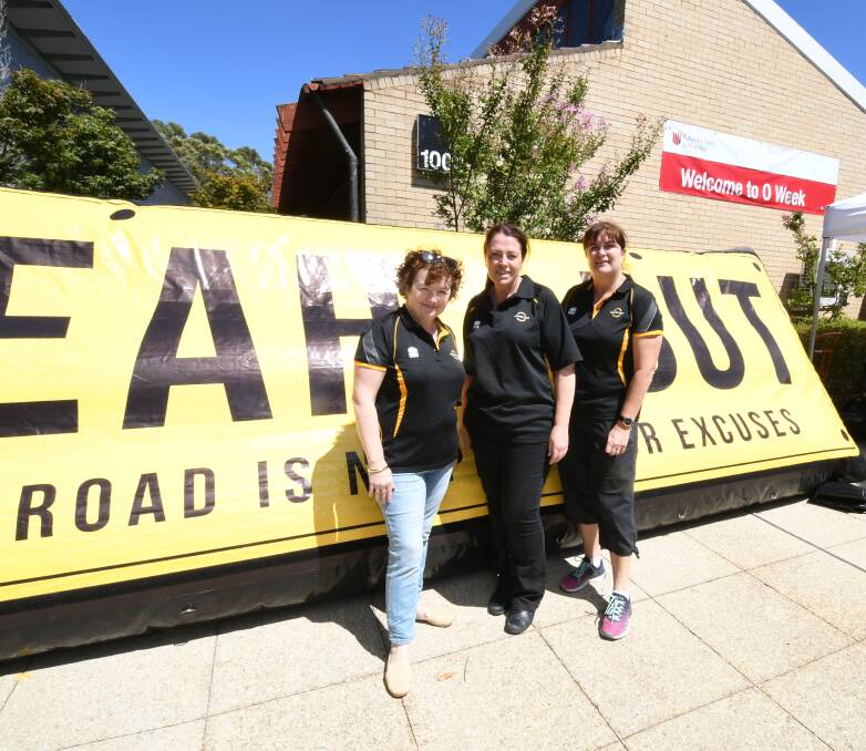 SAFETY FIRST: NSW Roads and Maritime's Jacqui Anderson, Jenene Pout and Kath Mann attended Charles Sturt University's O-week to talk to students about road safety.
