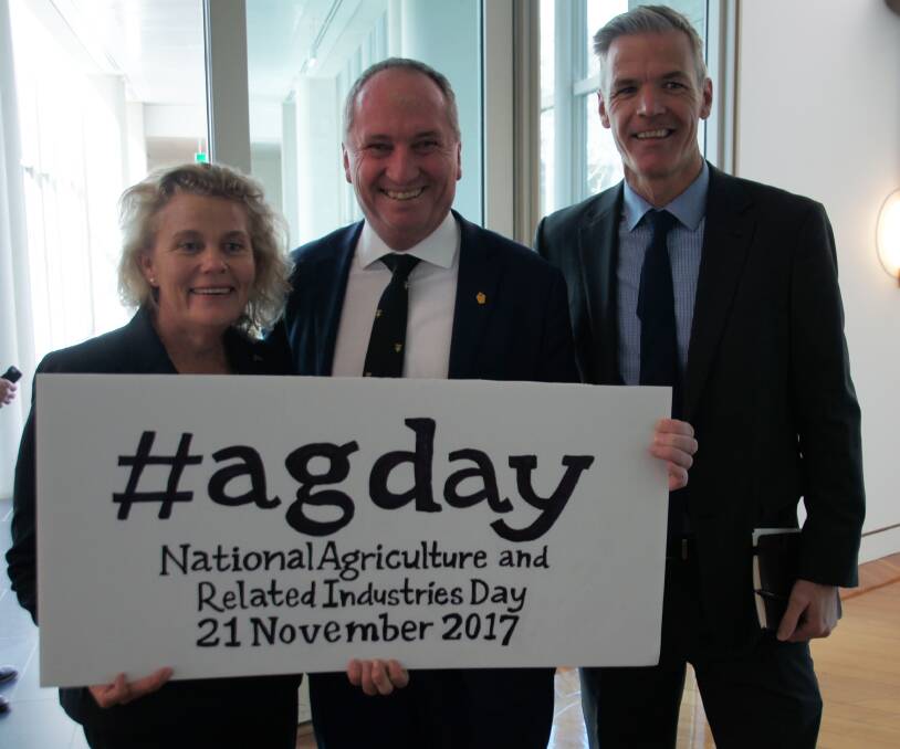 NFF president Fiona Simson, Deputy PM and Agriculture and Water Minister Barnaby Joyce and NFF cheif executive Tony Mahar launching national AgDay at Parliamnet House.