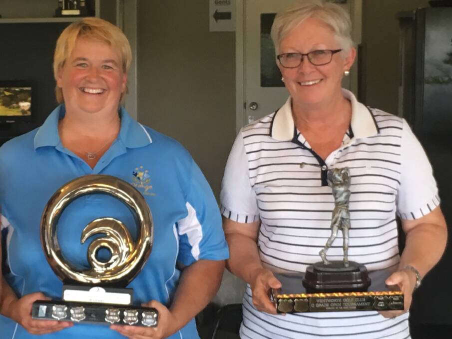 WINNING GRINS: Fran Lumsden (divison 2 winner) and Jenny Kain (division 3 winner) at Wentworth Golf Club.