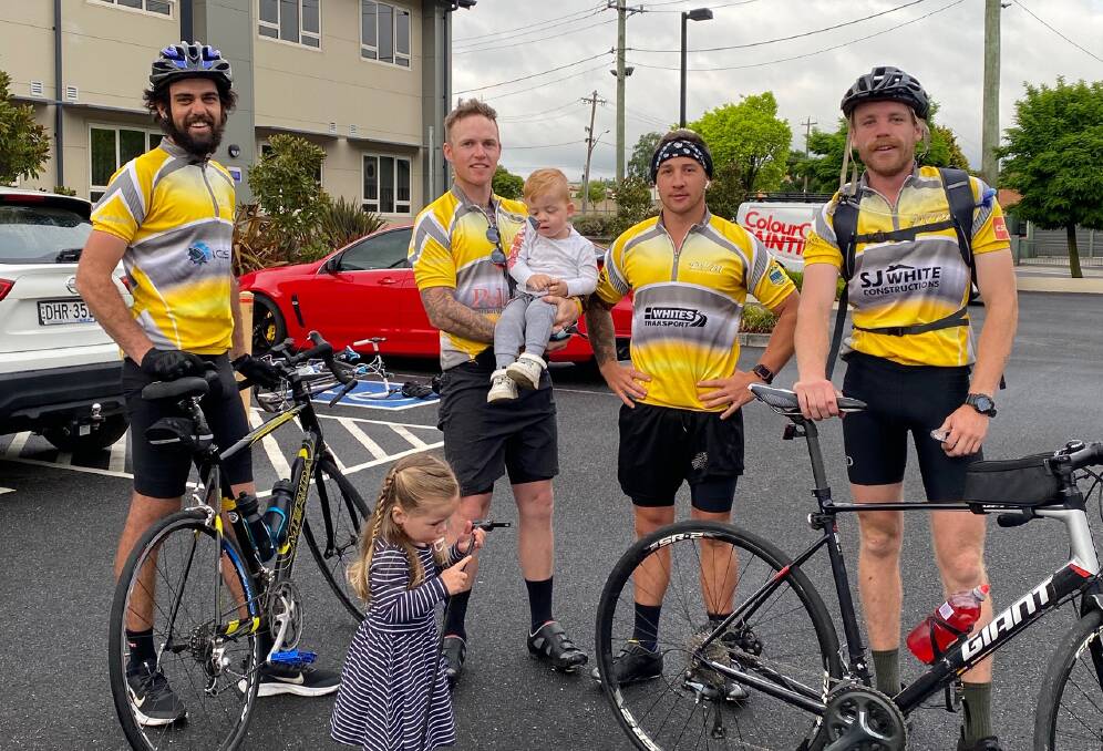 RIDE FOR JUDD: Jordan Johnston, Josh Cantrill with his son Judd, Jake Johnston, Liam Tucknott and (front) supporter Millie Carey-Speirs before the ride to Orange. 